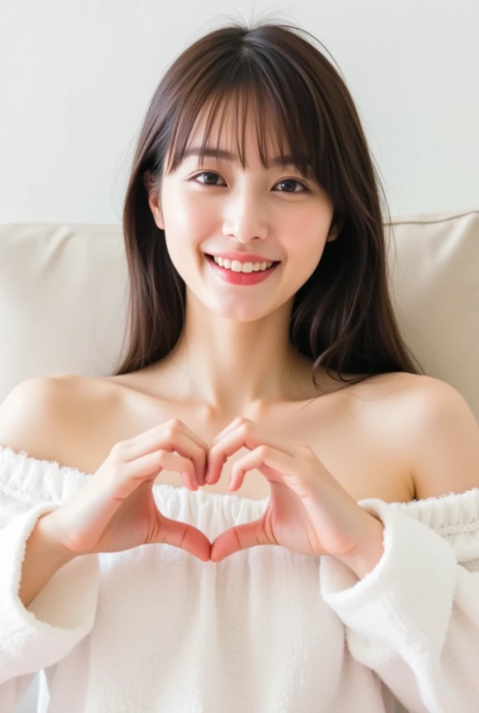 Only one woman with a cute smile wears cute, fluffy off-shoulder pajamas, makes a big heart shape with both hands, and poses them in front of her chest, View above collarbone、The background is a monotone 

