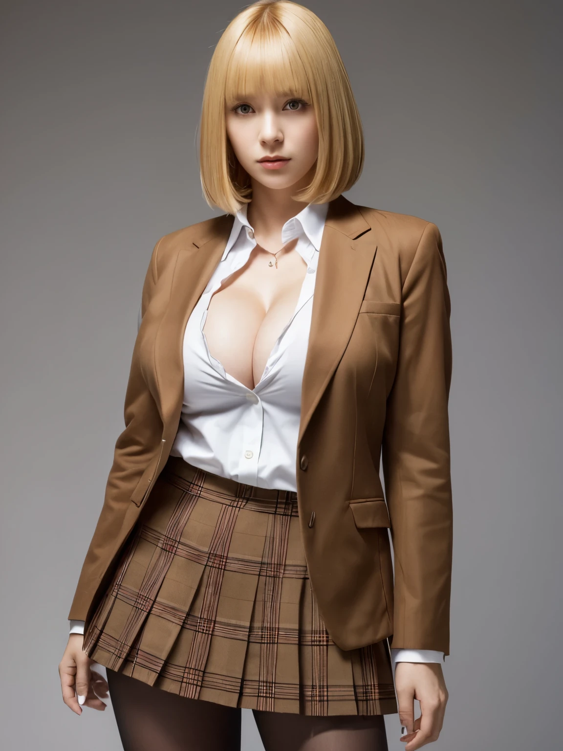 (highest quality:1.2, masterpiece:1.2), 8K, Professional Lighting, Cinematic Lighting, RAW Photos, Ultra-realistic photos, meikodef, ultra realistic & detailed portrait of Midorikawa Hana, (blonde hair, Trimming the bangs, Cutting the fringe, Evening out the bangs bob short), ((skirt, school uniform, jacket, pantyhose, plaid, plaid skirt, blazer)), ((no back ground, white back ground)), ((ultra huge breasts, ultra huge cleavages, ultra huge tits, ultra huge boob)), standing, (looking at viewer), cowboy shot, zoom out, looking at viewer,