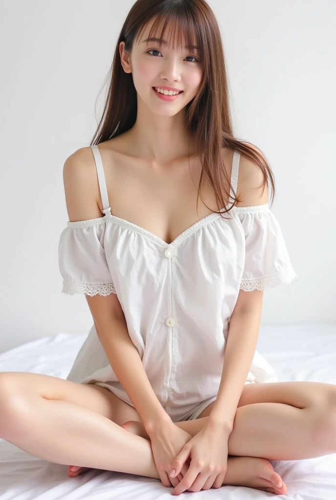 Full body shot from the front、Wear off-the-shoulder mini one-piece pajamas, bend your knees, spread your legs, take a cross-legged pose, and sit while looking at me, Slender bare legs 、smile、The background is a monotone 

