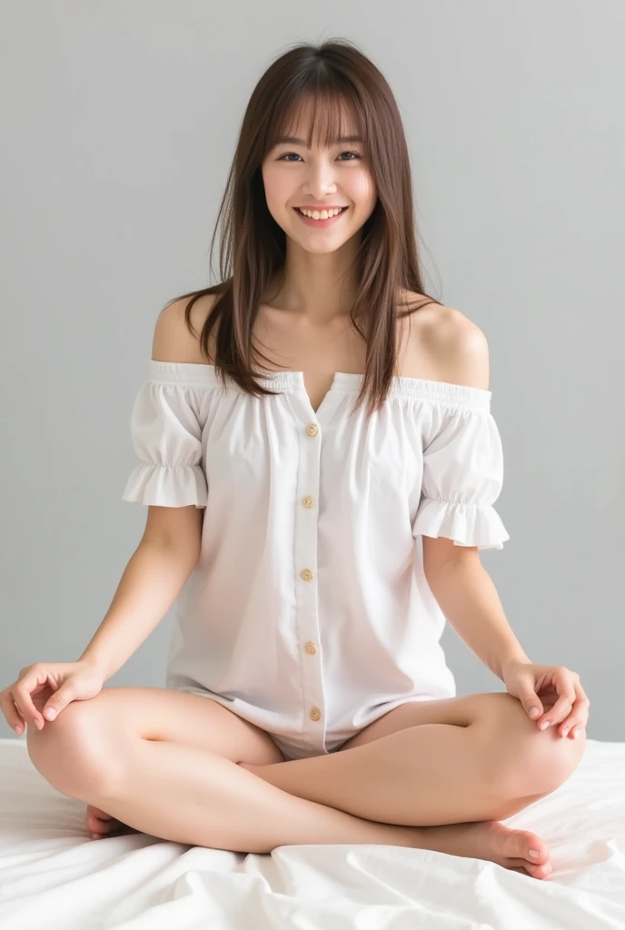 Full body shot from the front、Wear off-the-shoulder mini one-piece pajamas, bend your knees, spread your legs, take a cross-legged pose, and sit while looking at me, Slender bare legs 、smile、The background is a monotone 

