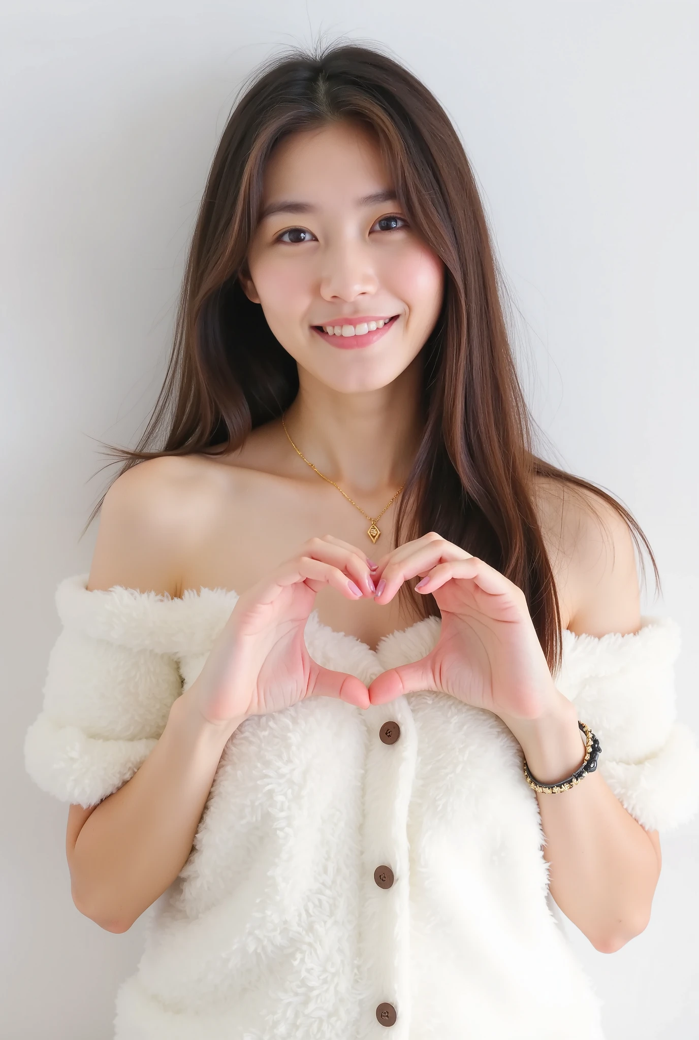 Only one woman with a cute smile wears cute, fluffy off-shoulder pajamas, makes a big heart shape with both hands, and poses them in front of her chest, View above collarbone、The background is a monotone 

