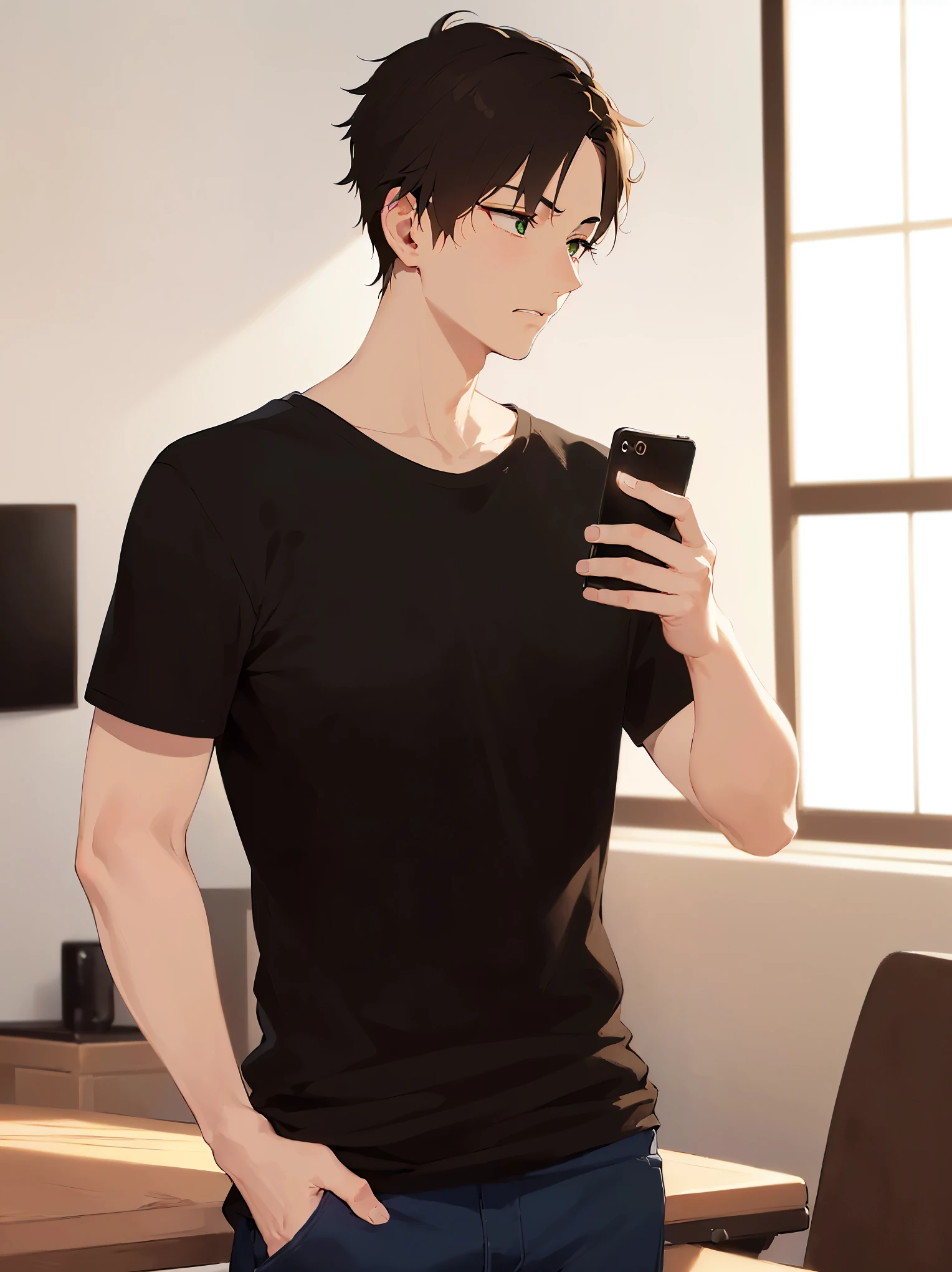 upper body、shiny skin、(holding a phone:1.2), (looking away:1.5), side angle, masterpiece、Highest quality、(25-year-old male:1.5) and (Brown short hair) and (Green Eyes), White T-shirt、Are standing、smile、The background is the living room at night、(Alone:1.5)