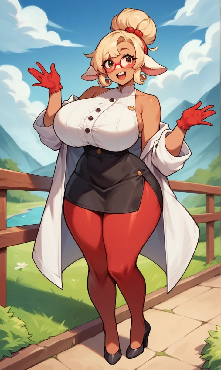 score_9, score_8_up, score_7_up, score_6_up, score_5_up, score_4_up, (source_anime), purah,
1girl,  huge breasts, narrow waist, thick thighs,  hair ornament, red headband, red glasses, sleeveless shirt, white coat, black skirt, red leggings, gloves, high heels, outdoors, happy,