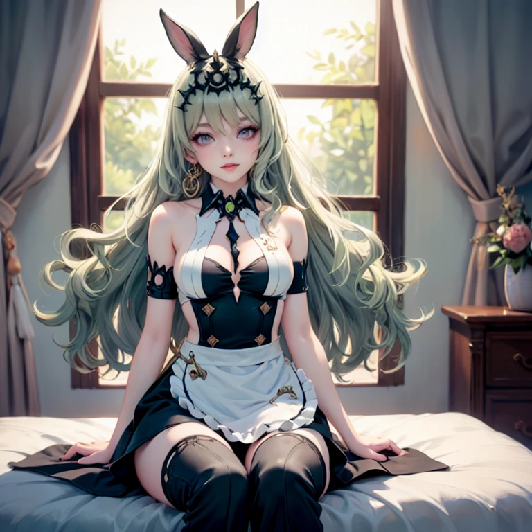 Mobius_(honkai impact), 1girl, dress, jewelry, glow hair, flowing hair, ahoge, armpits, white rabbit ears, maid dress, maid costume, maid apron, Cute face, Very fine clean face, solo, Top quality, Big eyes,Straight Hair, green hair, Crimson Eye, Subtle light, Natural light,Soft lighting,Light from directly behind, Cute pose, sitting on the bed, Showing the whole body, Front view, maid dress, Beautiful Eyes, Plump and glossy lips, maid dress with too many frills, black maid dress, white laces, white Short skirt, Drape clothes, green gem, frills, luxury details, gold jewelry, more details, best quality, Big sparkling eyes, blushing, sparkle, solo, centered girl, cowboy shot, glowing hair, solo, flowing hair, floating hair, ornament hair, stomach, strapless, streaked hair, thigh gap, thighs, tube top, very long hair