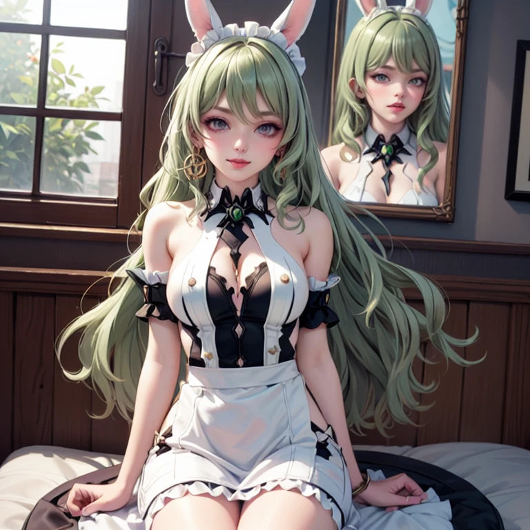 Mobius_(honkai impact), 1girl, dress, jewelry, glow hair, flowing hair, ahoge, armpits, white rabbit ears, maid dress, maid costume, maid apron, Cute face, Very fine clean face, solo, Top quality, Big eyes,Straight Hair, green hair, Crimson Eye, Subtle light, Natural light,Soft lighting,Light from directly behind, Cute pose, sitting on the bed, Showing the whole body, Front view, maid dress, Beautiful Eyes, Plump and glossy lips, maid dress with too many frills, black maid dress, white laces, white Short skirt, Drape clothes, green gem, frills, luxury details, gold jewelry, more details, best quality, Big sparkling eyes, blushing, sparkle, solo, centered girl, cowboy shot, glowing hair, solo, flowing hair, floating hair, ornament hair, stomach, strapless, streaked hair, thigh gap, thighs, tube top, very long hair