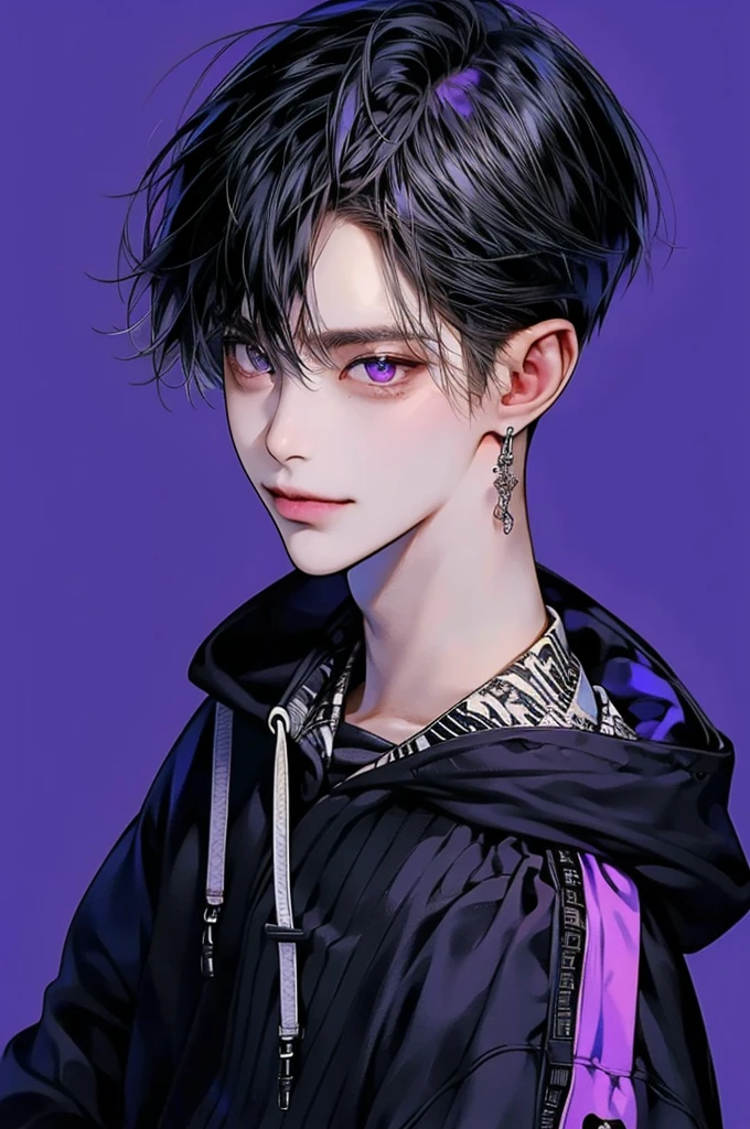 masterpiece, best quality, Detailed Eyes, high quaility, 1 male, male, 1 boy, gentle, soft, handsome, tall, black hair, purple eyes, have a broad shoulders, One person, a hadsome man, Korean man, cool man, undercut, ((짧은 머리)), skinny, ((simple backgroud)), ((be wearing a hoodie)), smile, 모자