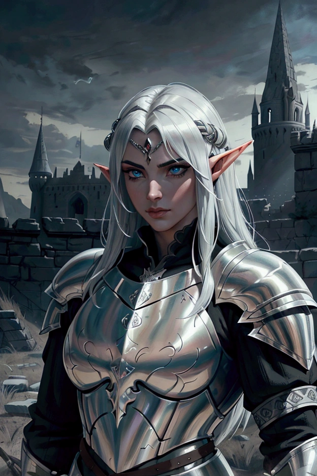 male knight, silver armor, half-elf, austere posture, beautiful detailed eyes, beautiful detailed lips, extremely detailed face, longeyelashes, medieval fantasy landscape, castle ruins, dramatic lighting, moody atmosphere, cinematic composition, epic dramatic, fantasy art, digital painting, masterpiece, 8k, ultra-detailed, photorealistic, physically-based rendering, vibrant colors