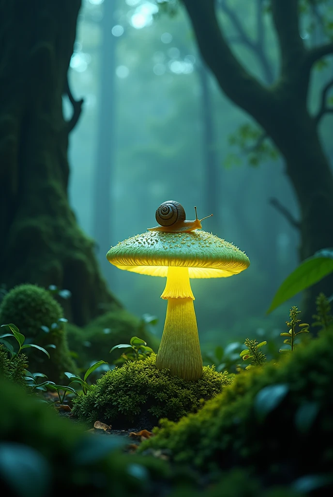 a glowing mushroom in a dark, dense forest, emitting a soft green light, with a snail crawling on it, natural lighting, 8K, highly detailed, sophisticated design, advanced lighting techniques, photorealistic, dark forest, lush greenery, magical, ethereal, intricate details, cinematic lighting