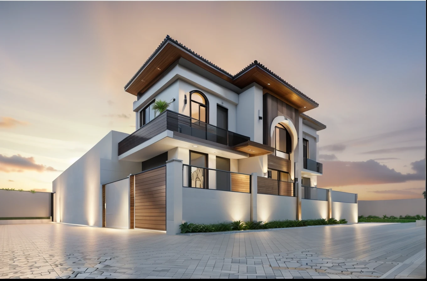 RAW photo,Masterpiece, high quality, best quality, super detail, townhouse, modern house with (tile wall:1.2), glass windows, (wooden ceiling:1.1), railing glass, main door conwood,tropical trees, sunset, beautifu sky, (high detailed :1.2), 16k uhd, dslr, soft lighting, high quality, film grain, 3dmax vray