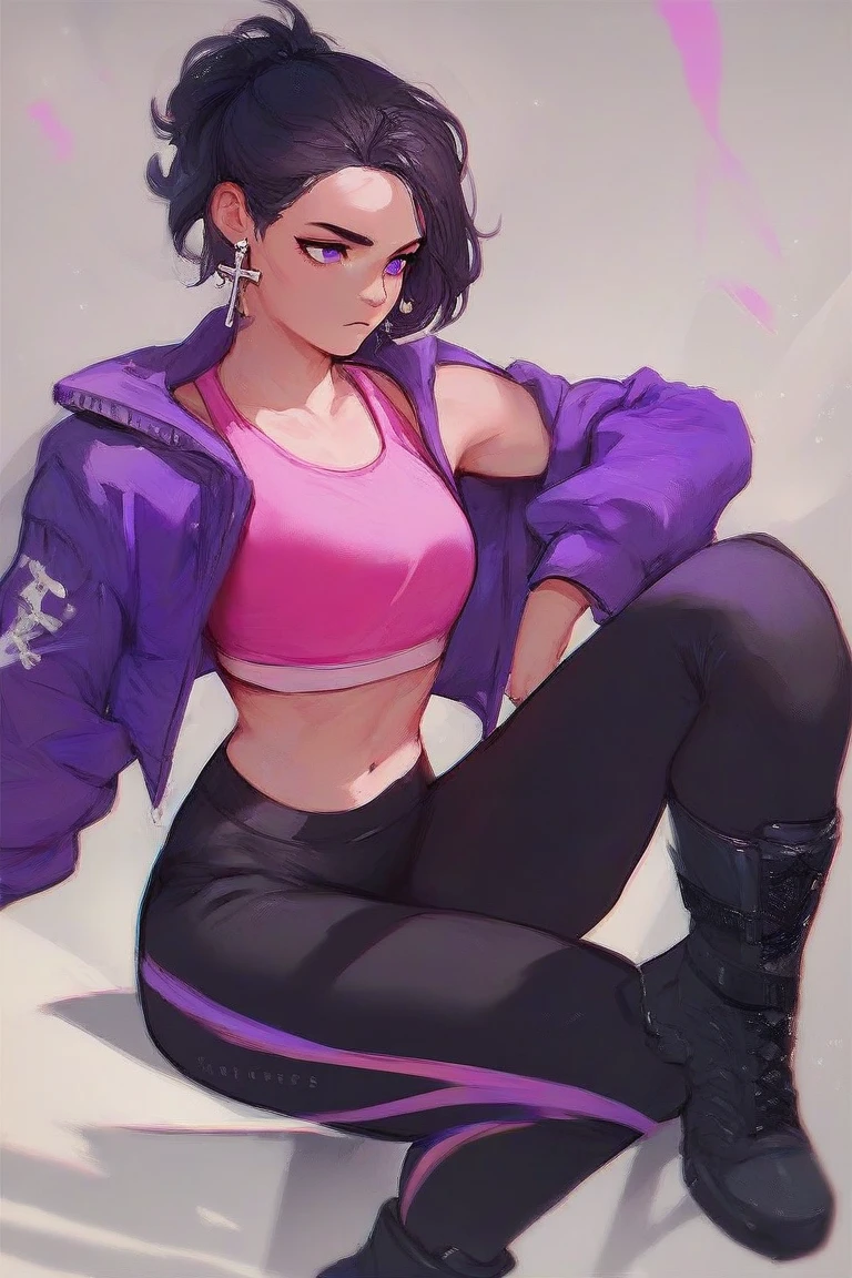 bibiBS, 1girl, solo, purple eyes, black hair, cross earrings, purple jacket, crop jacket, crop top, tank top, pink top, midriff, black pants, yoga pants, black boots
BREAK