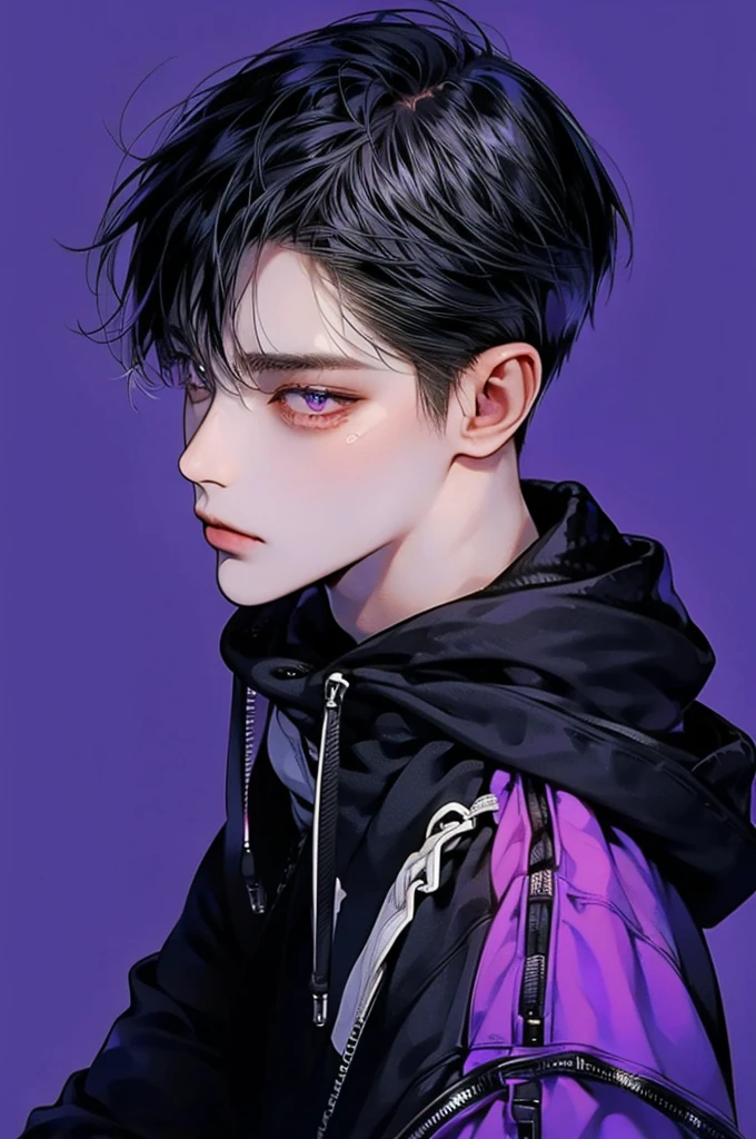 masterpiece, best quality, Detailed Eyes, high quaility, 1 male, male, 1 boy, gentle, soft, handsome, tall, black hair, purple eyes, have a broad shoulders, One person, a hadsome man, Korean man, cool man, undercut, ((짧은 머리)), skinny, ((simple backgroud)), ((be wearing a hoodie)), sad, tear, crying