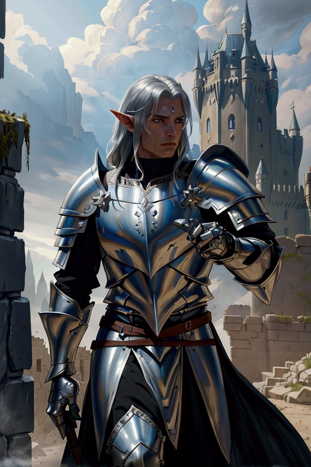 male knight, silver armor, half-elf, austere posture, extremely detailed face, medieval fantasy landscape, castle ruins, dramatic lighting, cinematic composition, epic dramatic, fantasy art, digital painting, masterpiece, 8k, ultra-detailed, photorealistic, physically-based rendering, vibrant colors