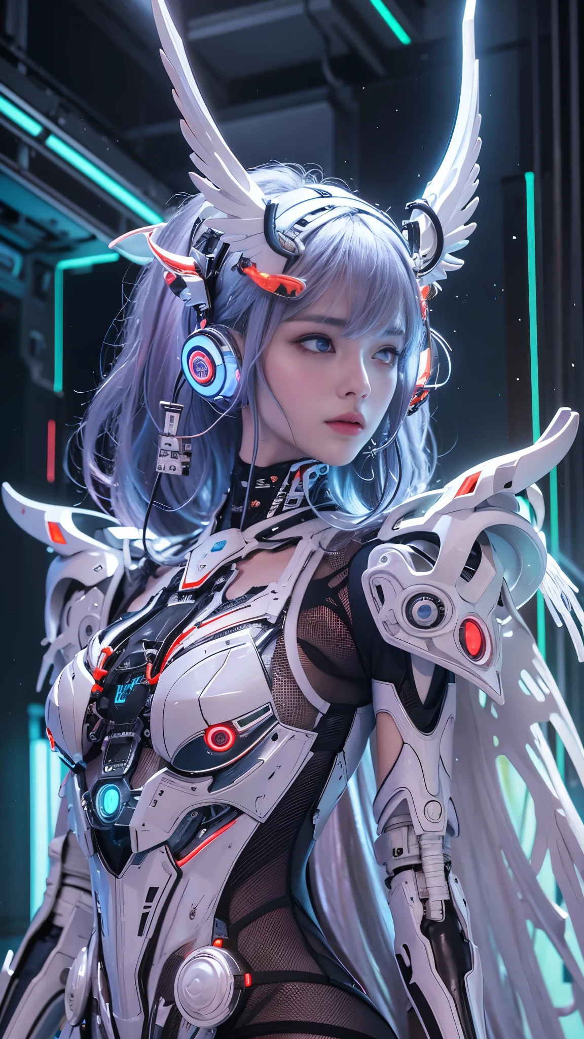 top-quality、​masterpiece、超A high resolution、(Photorealsitic:1.4)、Raw photo、Cyberpunk Battle Cyborg Angel、large wings made of metal、White porcelain body、Acrylic Clear Cover、white  hair、glowy skin、1 Cyborg Girl、((super realistic details))、portlate、globalillumination、Shadow、octan render、8K、ultrasharp、character edge light,Colossal tits、Raw skin is exposed in cleavage、Details of complex ornaments、Sumerian details、Hydraulic cylinder、Small LED lamp、highly intricate detail、Realistic light、a purple eye、radiant eyes、Facing the camera、neon details、cowboy  shot、Futuristic headgear、About Cyberpunk、、