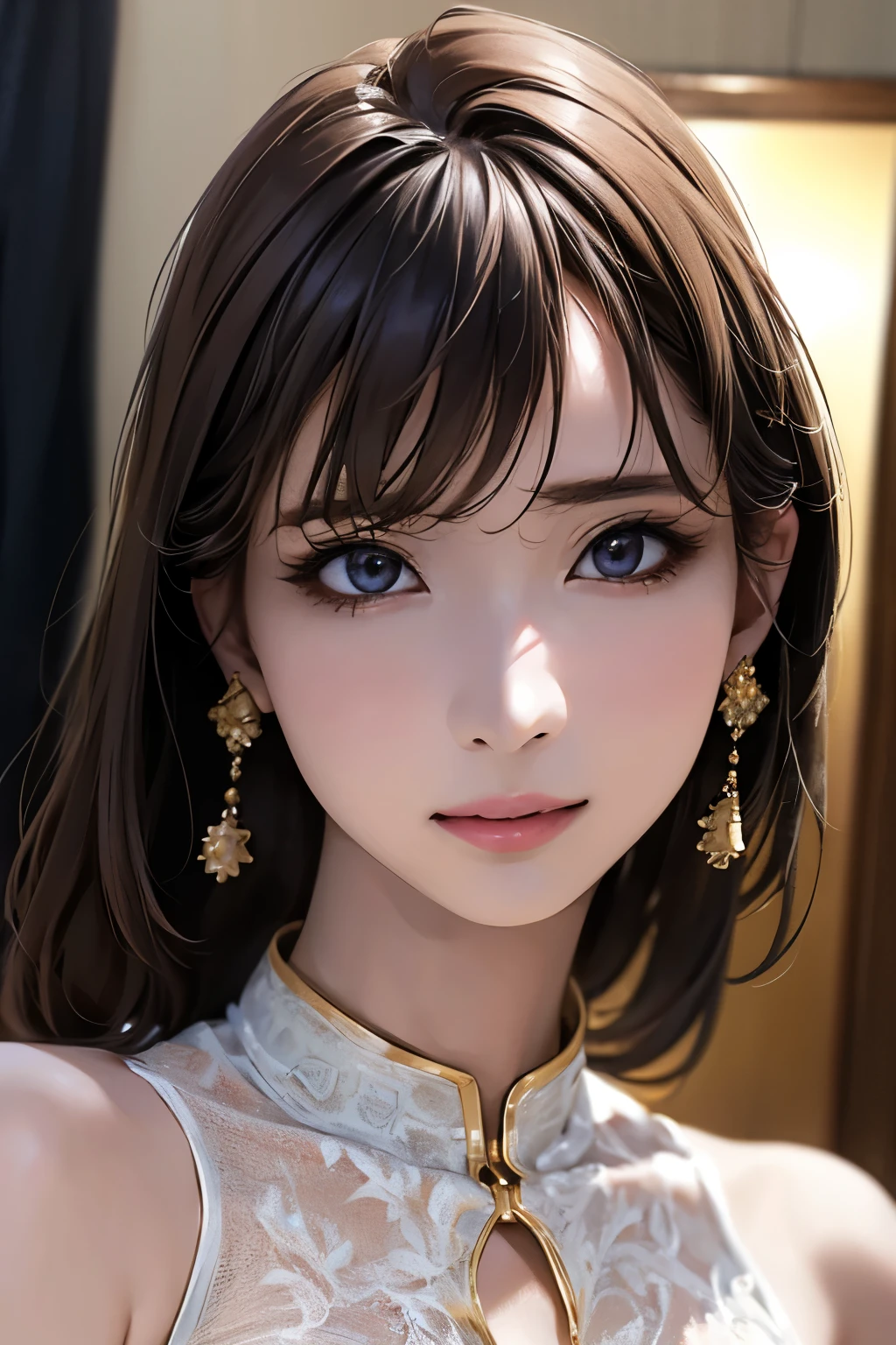 ((Best Quality)), (超 high resolution on down), ( very detailed), ( detailed explanation), (( best CG )), (masterpiece), super detailed art, (Best Quality, 8k, 32K, masterpiece), (Realistic), (Realistic:1.2), ( high resolution on down),  very detailed,  very beautiful face and eyes , 1 Japanese woman,  Thin Waist, Close your lips,   anatomically correct proportions  :1.331,  has a small head :1.331, Slender body:1.331, Thin limbs:1.331, (Best Quality,  Attention to Details ,  rich skin details),  party dress ,  necklace ,  big earrings that reach the wall, (Best Quality, 8k, Oil paint:1.2),  very detailed, (Realistic, Realistic:1.37),  bright colors、