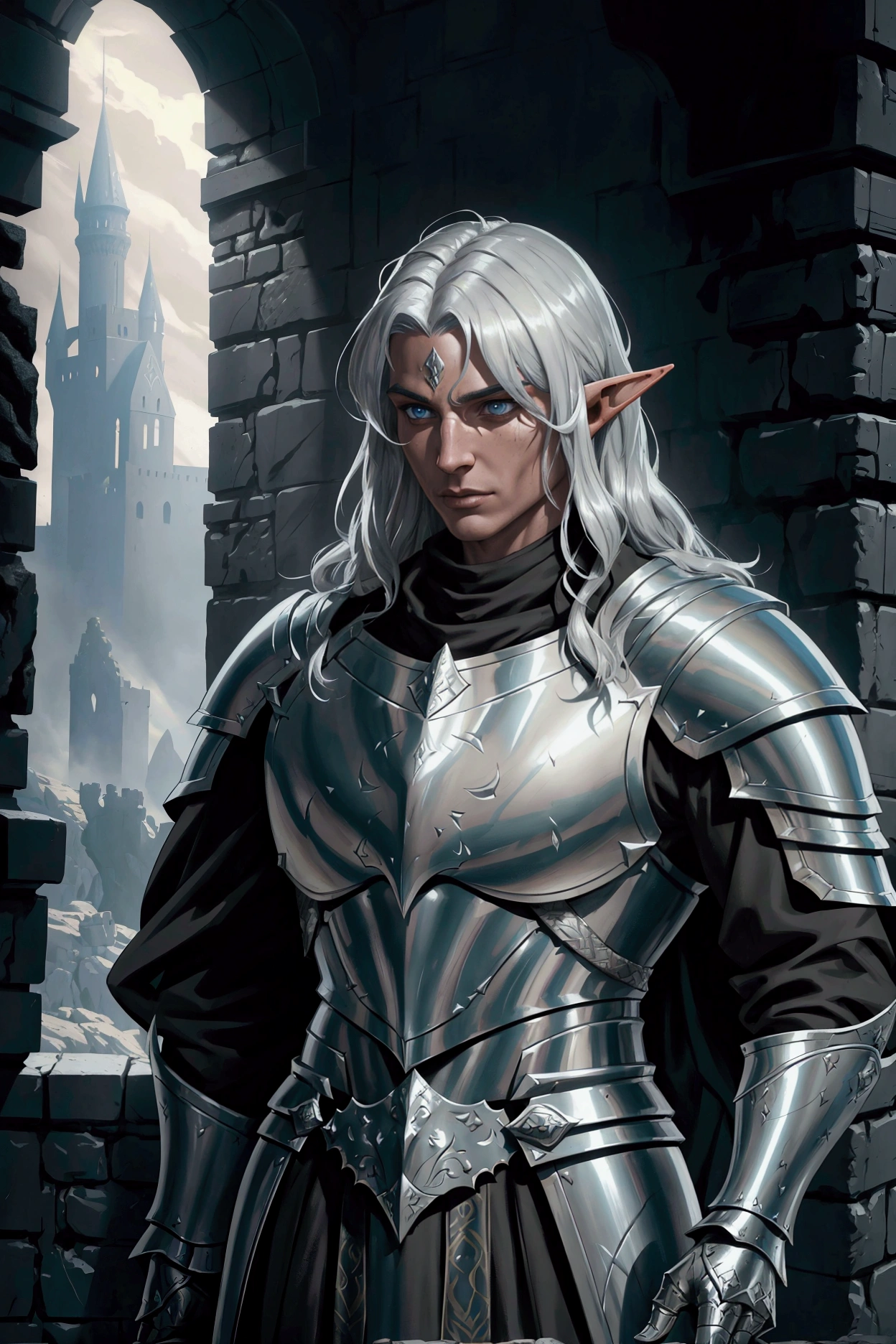 male knight, silver armor, half-elf, austere posture, extremely detailed face, medieval fantasy landscape, castle ruins, dramatic lighting, cinematic composition, epic dramatic, fantasy art, digital painting, masterpiece, 8k, ultra-detailed, photorealistic, physically-based rendering, vibrant colors