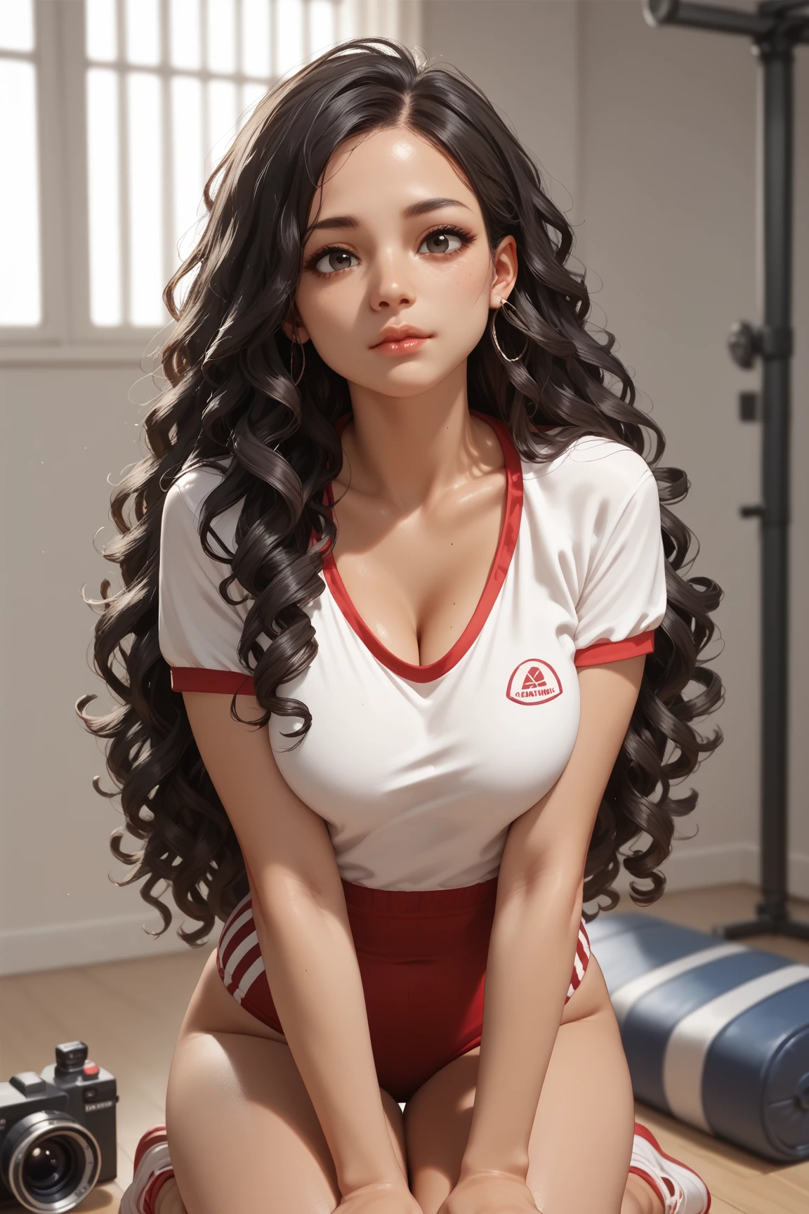 Anime style, front view, on her knees, sexy face, sexy, latina, gym outfit, black very long curly hair, big boobs, big ass, looking at camera, in a dressing room background