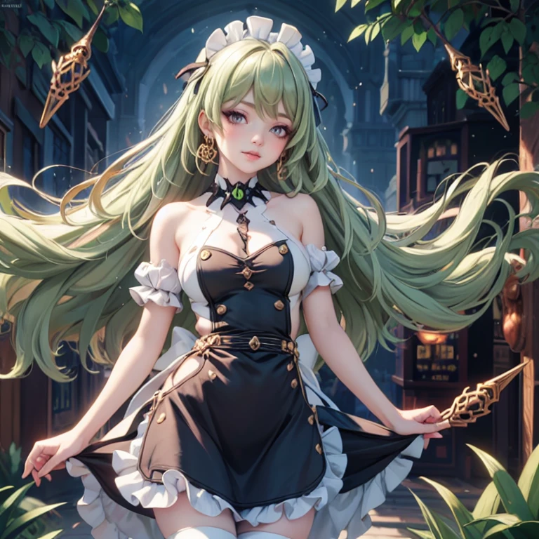 Mobius_(honkai impact), 1girl, dress, jewelry, glow hair, flowing hair, ahoge, armpits, maid dress, maid costume, maid apron, green hair, sitting on the grass, Showing the whole body, Front view, maid dress, maid dress with too many frills, black maid dress, white laces, green gem, frills, luxury details, gold jewelry, more details, best quality, blushing, sparkle, solo, centered girl, cowboy shot, glowing hair, solo, flowing hair, floating hair, ornament hair, stomach, strapless, streaked hair, thigh gap, thighs, tube top, very long hair