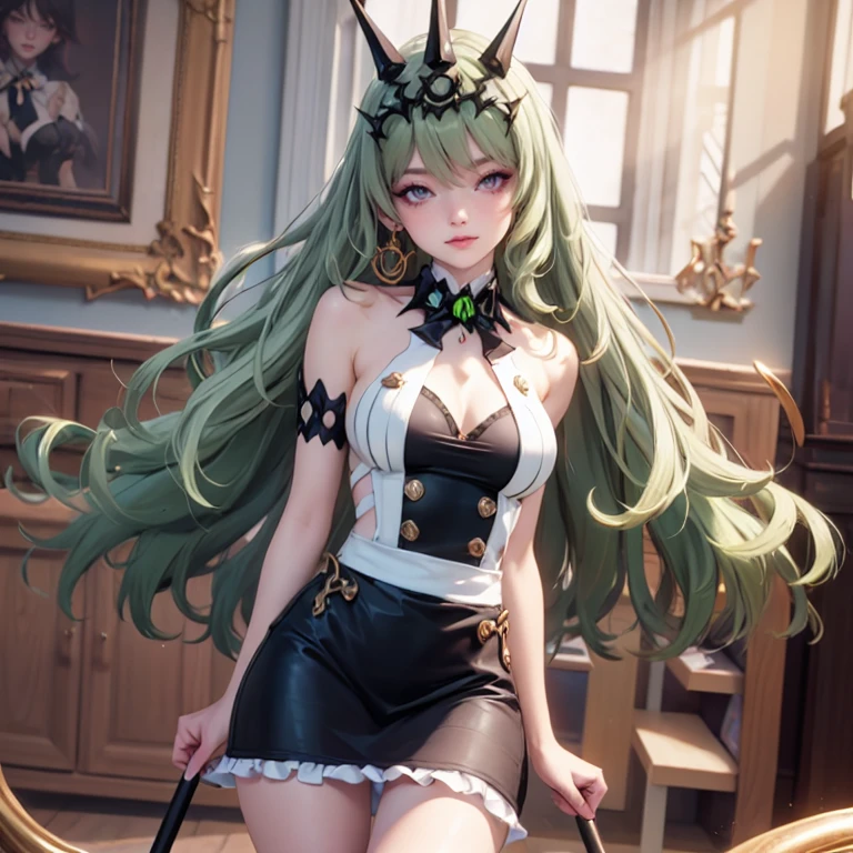 Mobius_(honkai impact), 1girl, dress, jewelry, glow hair, flowing hair, ahoge, armpits, maid dress, maid costume, maid apron, green hair, sitting on the grass, Showing the whole body, Front view, maid dress, maid dress with too many frills, black maid dress, white laces, green gem, frills, luxury details, gold jewelry, more details, best quality, blushing, sparkle, solo, centered girl, cowboy shot, glowing hair, solo, flowing hair, floating hair, ornament hair, stomach, strapless, streaked hair, thigh gap, thighs, tube top, very long hair