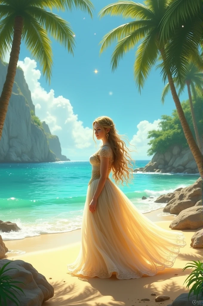 (Vision:1.5),night,(Romantic Blue Coast:1.5),Coastal Focus,Beautiful woman with long flowing hair and white gauze,Relax on the beaches of the picturesque French Riviera,The white sandy beach blends perfectly with the clear blue sea,nearby,Colorful shells scattered randomly,Tall and sturdy palm trees sway gently in the moonlight,Give the quiet earth a layer of deep night light,Fairy Tale Style,Light and shadow mottled,Fantastic surreal,chiffon,Starlight