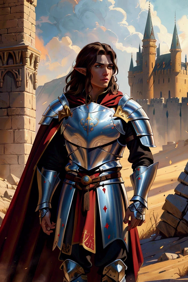 male knight, silver armor, half-elf, austere posture, brown hair, red cloak, golden details in armor, sun logo in armor, extremely detailed face, medieval fantasy landscape, castle ruins, dramatic lighting, cinematic composition, epic dramatic, fantasy art, digital painting, masterpiece, 8k, ultra-detailed, photorealistic, physically-based rendering, vibrant colors