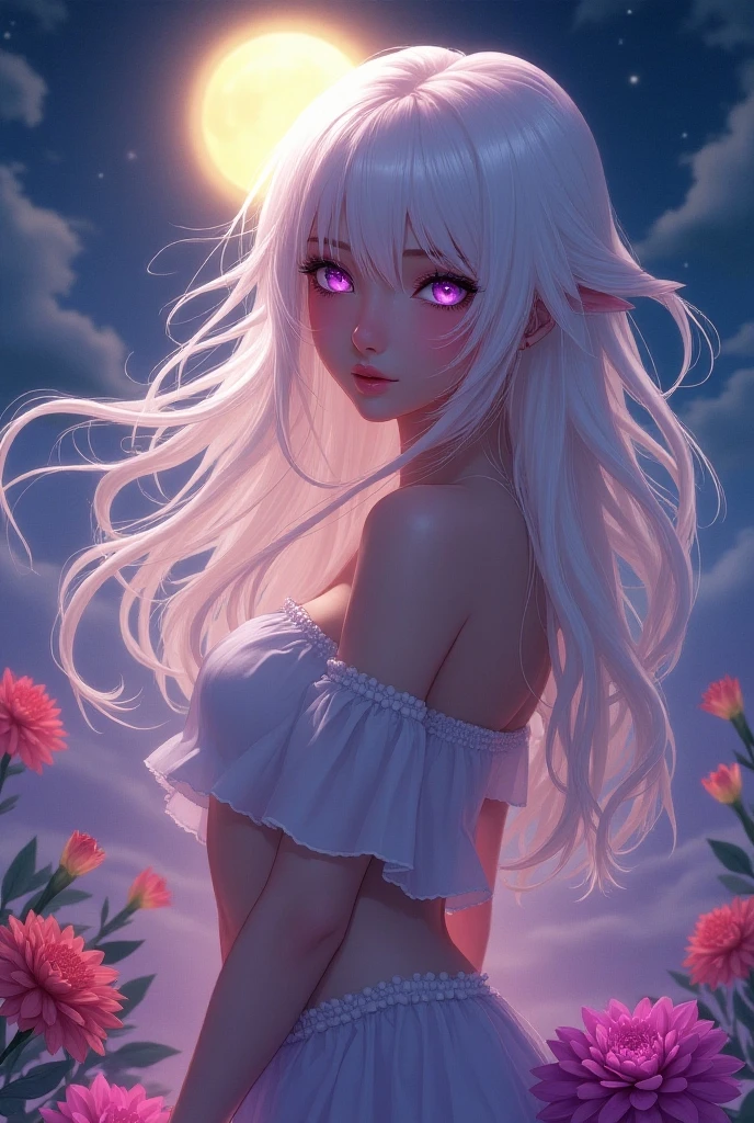 realistic 1girl white hair purple eyes glowing eyes crop top skirt parted lips blush night flower Sun sunlight bigboob