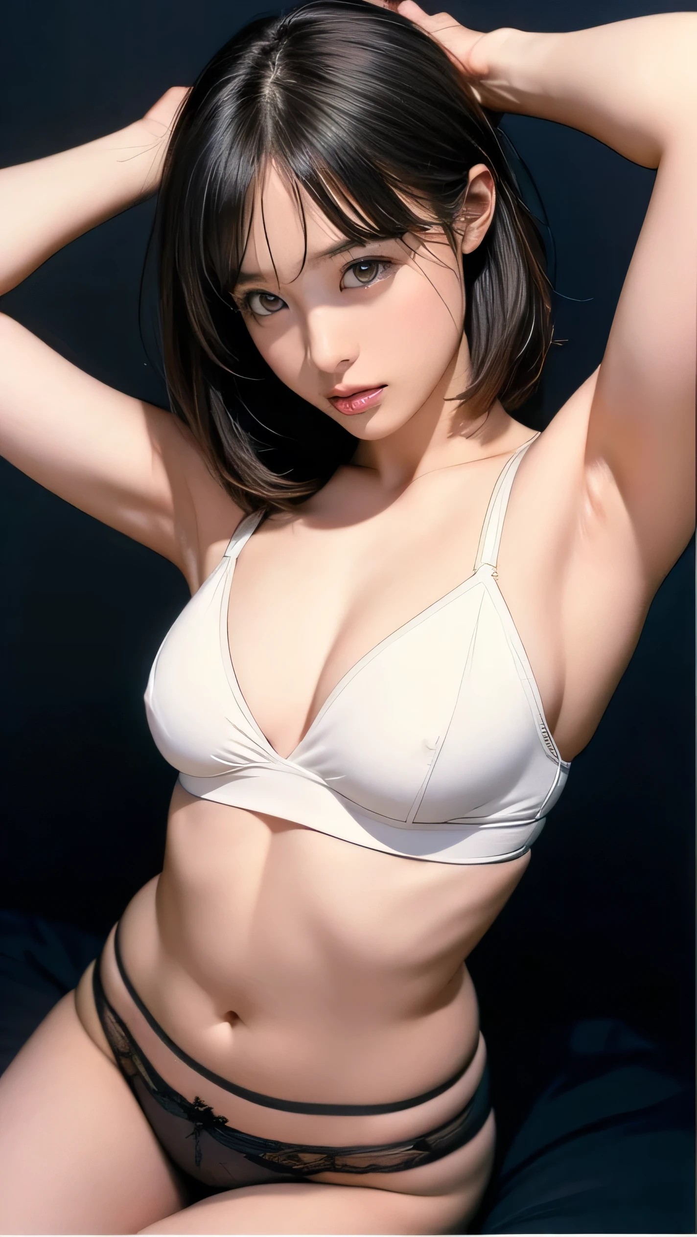 1 Female,arms behind head,standing,cowboy shot,Ultra-realistic as a photo,highest quality,8k, Ultra-high resolution,RAW Photos,well-proportioned body,Beauty,Small and beautiful breasts,POV,Sexy silk underwear,Sharpness,to close range,mana ashida,