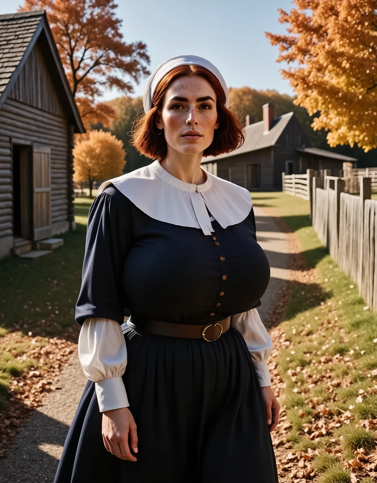 Photorealistic, cinematic style, a picture of a beautiful British woman in a puritan woman's outfit. (a pilgrim woman outfit). She has black dress, white puritan coif on her head, and humble white capelet on her shoulders. white apron. She's walking on a stony path between farmyard loghouses in Massachusett colony. She's got brown eyes, downturned eye shape, light skin and freckles, reddish-brown hair, long bob hairstyle. perfect hand,HDR, intricate details. Autumn. Yellow and red maples, crisp blue sky.