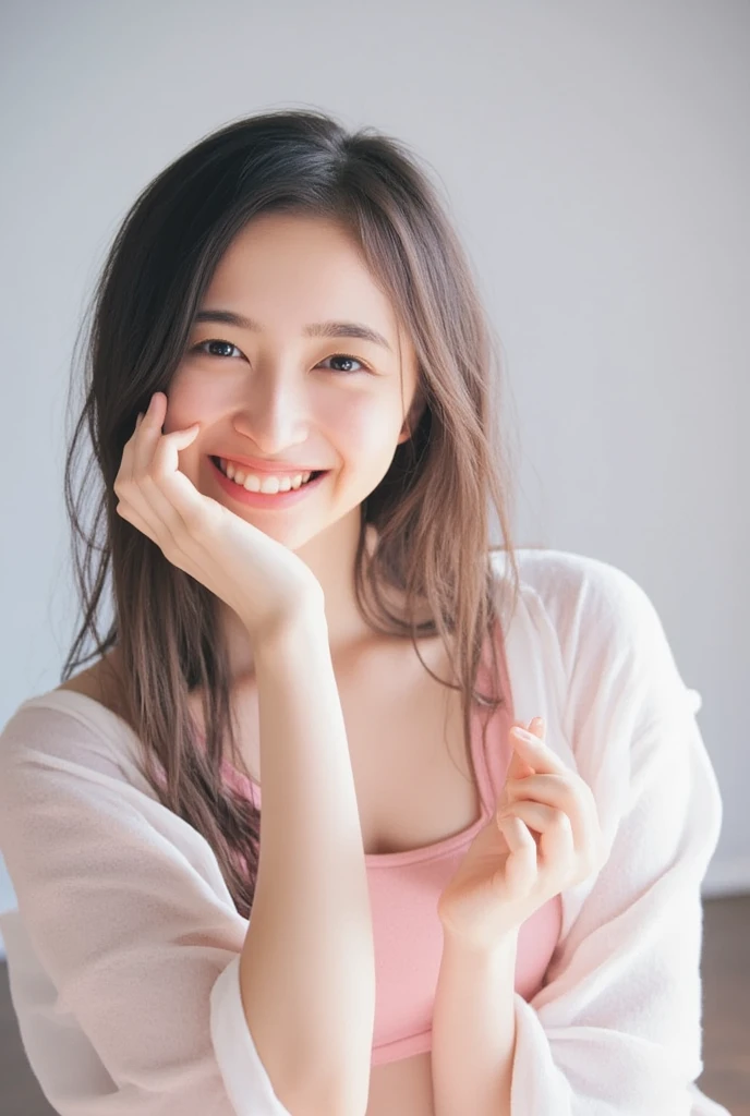 Only one woman with a cute smile wears cute, fluffy off-shoulder pajamas, makes a big heart shape with both hands, and poses them in front of her chest, View above collarbone、The background is a monotone 

