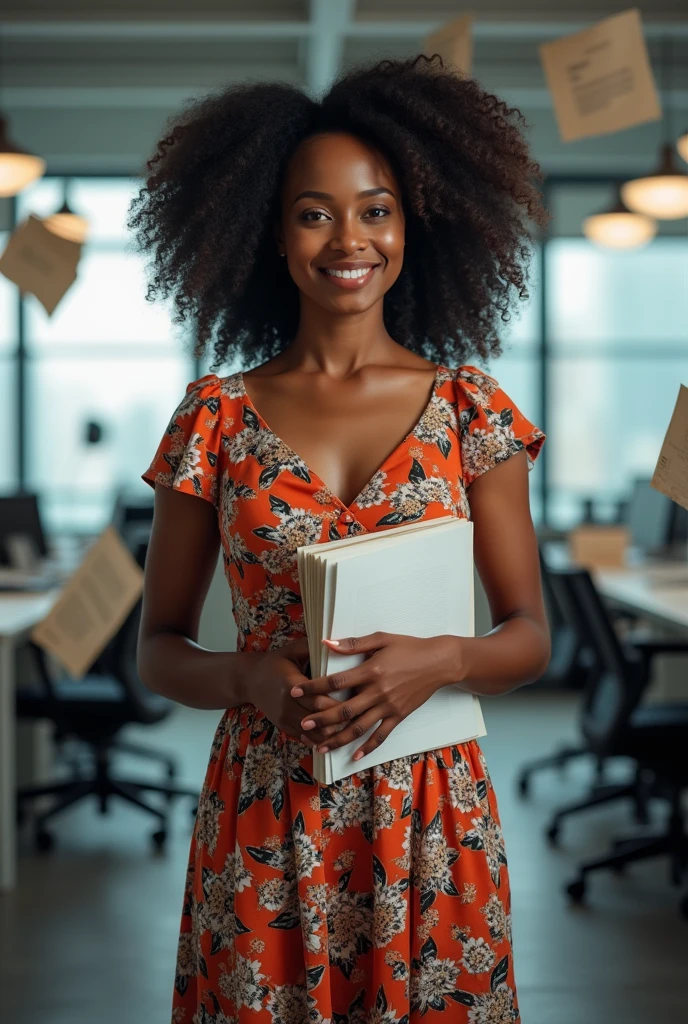 A Brazilian woman wearing a floral dress, curly hair, full lips in an office 