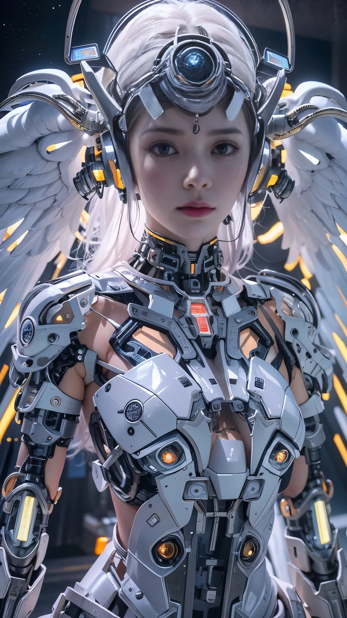 ((maintenance:1.4))、((Mechanical wings on the back:1.4))、((, Best Quality, 8k, masterpiece :1.3)), whole body, robot (((masterpiece))), ((Best Quality)), (Ultra-detailed), (CG illustration), (Very evil and beautiful)), Cinematic Light, ((1 Mechanical Girl)), single, (Machine-made life), ((Mechanical Limbs)), ((Mechanical cervical spine attached to the neck), (Severe), Expressionless, (Wires and cables attached to head and body: 1.5), (Character Focus), sf, end of an era.Gray Hair, big 