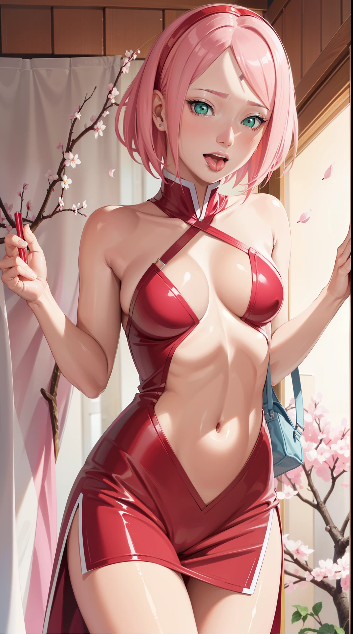 masterpiece, 1girl, haruno sakura, anime style: 1.9, forehead mark, pink hair, short hair, red hairband, red sleeveless dress, white pants, navel, groin, bracelet, looking at viewer, smile, cherry blossoms, private garden, wind, floating hair, small breast ,(wide hips), toned body, detailed eyes, exposing armpits, dirty armpits, sweaty armpits