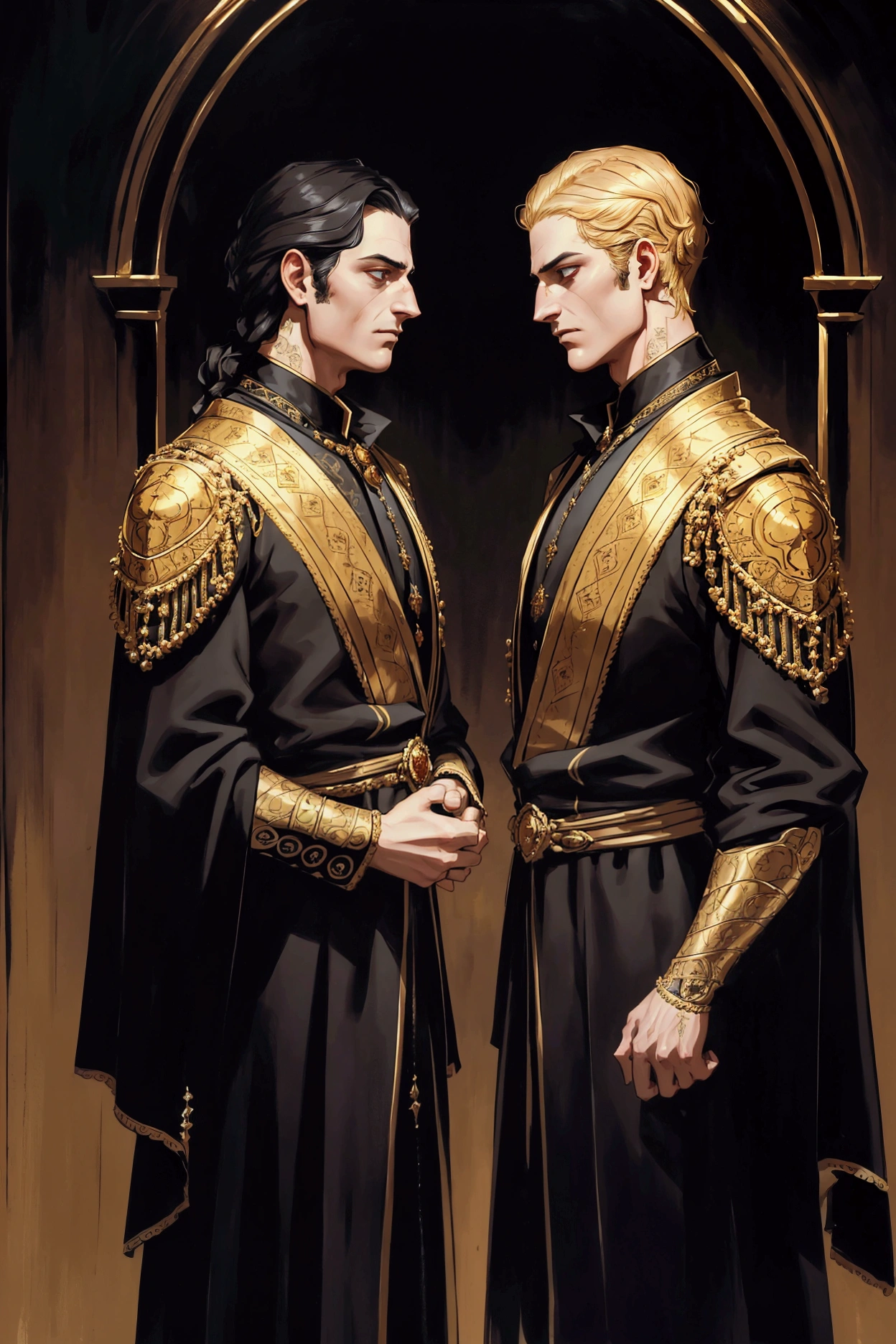 A detailed portrait of two royal brothers with bitterface expressions, facing away from each other, both wearing black clothes with intricate golden details, extremely detailed, cinematic lighting, dramatic, digital painting, photorealistic, 8k, award winning