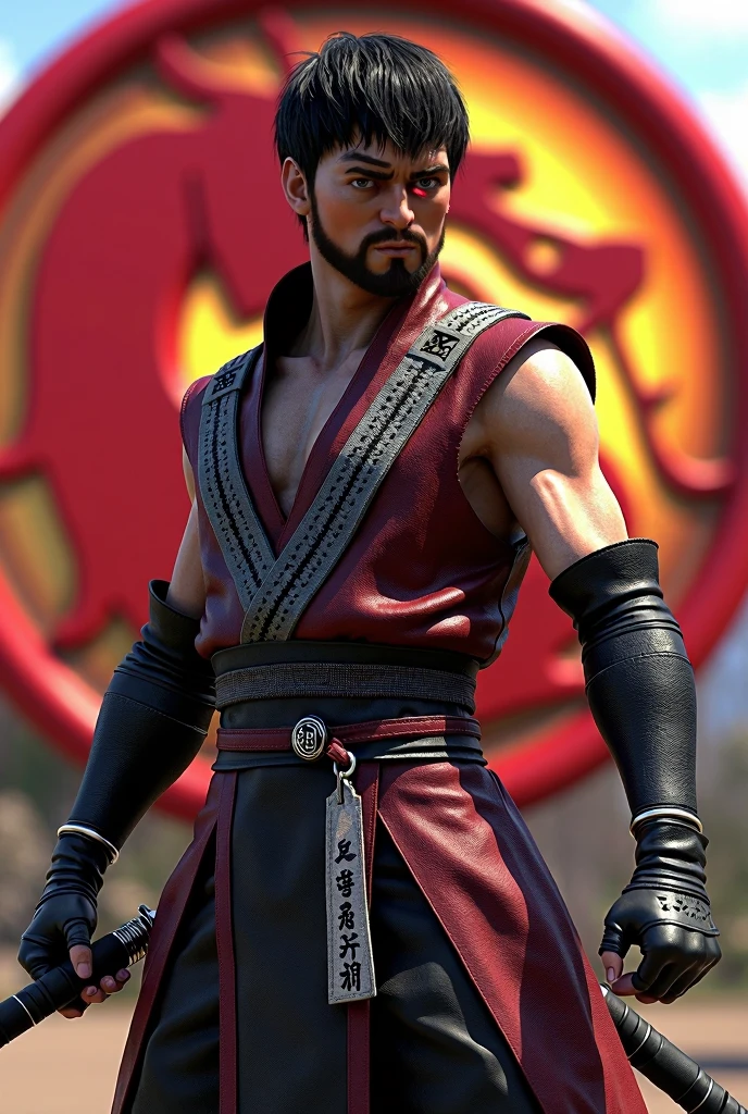 An epic scene depicting a half-human, half-dragon warrior monk sorcerer wielding a katana sword in one hand and another sword at the waist. The image showcases intricate details, evoking a sense of power and mysticism."