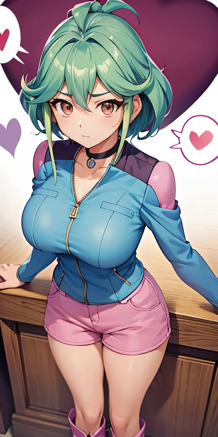 1 Female,High definition,high resolution,Ultra-realistic,8K, yu-gi-oh! arc-v, rin_arc_v, 1girl, solo, (large breasts, medium breasts:1.2), (wide hips:1.2), (blue jacket, long sleeves:1.2), (pink shorts, short shorts:1.3), black choker, barefoot,large breasts,white boots,European,sexy,Upper body close-up,Photographed from the front,Dynamic Angles, medium tits ,(top view),(full body), green hair, (spoken hearts) 