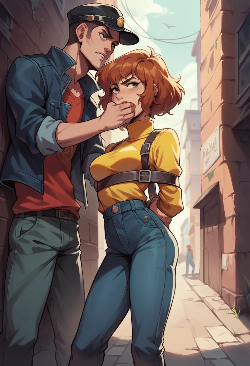 April O'neil, beautiful woman, napped, damsel in distress, napped by burglar, arms held behind back, hand over mouth, dark alley, urban setting, best quality