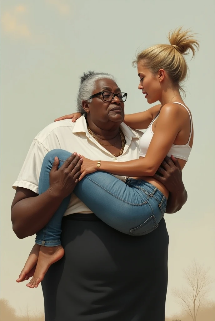 Create a realistic image of an elderly woman, 90 years old, obese, with black and dark skin, wearing a white shirt and black skirt and glasses, lifting the body of a 2 woman from the ground by the waist and lifting it high into the air, with light white skin, blonde hair long, slim body, wearing a white top and short denim shorts on a beach with people around