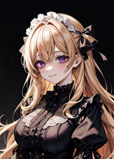 {Golden Hair}{Lori gothic }{female}、Purple Eyes、 gothic fashion、かわいいfemaleの子、Arranged Hair、{Ruffled clothing、darkness堕ち、Illness、}、 face up、darkness、{Maid}{mysterious}{High image quality}、smile、darkness、Big Breasts、 Long Sleeve 、Moe sleeves、Light