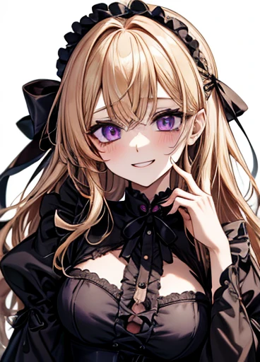 {Golden Hair}{Lori gothic }{female}、Purple Eyes、 gothic fashion、かわいいfemaleの子、Arranged Hair、{Ruffled clothing、darkness堕ち、Illness、}、 face up、darkness、{Maid}{mysterious}{High image quality}、smile、darkness、Big Breasts、 Long Sleeve 、Moe sleeves、Light