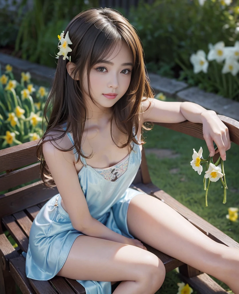  low angle,  full shot , (((( flat chest:1.2)))), ((( beautiful mansion garden with daffodils in full bloom being stroked by the gentle wind, Sit on a bench,  like a very beautiful goddess has descended from the sky , The girl who smiles softly ))), ((1 girl)), nsfw:1.4, Completely naked:1.1, ((A very beautiful and cute girl,  Extremely erotic and seductive , See me naked)), Small breasts, ((( very detailed and beautiful hair:1.3,  wavy hair in front of the station:1.5, jewelry, see-through swimsuit, see-through,  The costume is very close to the skin ,  The fabric of the costume is thin and light , Transparent costume, Wear it on bare skin :1.4,))), Realisticな肌の質感, Very beautiful and clear skin:1.4,  Very Beautiful and Perfect Skin :1.4, Glowing and Silky Smooth Skin:1.4, Small cute face, ( Beautiful Girl:1.7), (Baby Face:1.6), Thin eyebrows, Very beautiful eyes, Extremely detailed eyes , ((Big Eyes:1.2)), Nose is too small, Petite body:1.3, ish body:1.3, Small breasts,  flat chest,  Slim Body :1.6,  skinny:1.5, Slim and beautiful arms, Slim and beautiful legs, Slim and beautiful thighs,  very beautiful sexy and seductive navel ,  very beautiful, small and adorable sensitive and seductive breasts ,  very beautiful and cute sensitive and quickly erect nipples ,  very seductive nipples that have a hard erection due to sexual arousal , very beautiful, sensitive and seductive areolas ,  very beautiful and adorable, seductive female genital shape ,  very beautiful small sensitive and seductive female genitals , very beautiful sensitive and seductive groin ,  super detailed and very careful depiction ,  Extremely Beautiful, Small, and Seductive Areola , ( detailed and fine hands , Detailed and perfect hands,  very cute little hands :1.2), (完璧な7頭身の Beautiful Girl,  perfect balance ), ((( perfect anatomy:1.4))), (Realistic:1.6, Realistic:1.6), ( very fine details :1.4), Super detailed, Vivid details, (Super detailedで非常に丁寧な描写, (16k quality:1.4, 16k definition :1.4, 16K resolution:1.4), 16k, 32K, Octane Rendering,  complex 3d rendering,  Ultra High Definition CG Unity 16K Wallpaper , chromatic aberration, The focus is on the face ,  sharp focus, (Super detailedな目と顔,  very beautiful female genital shape ), Exquisite:1.5, masterpiece:1.5, Award-winning works,