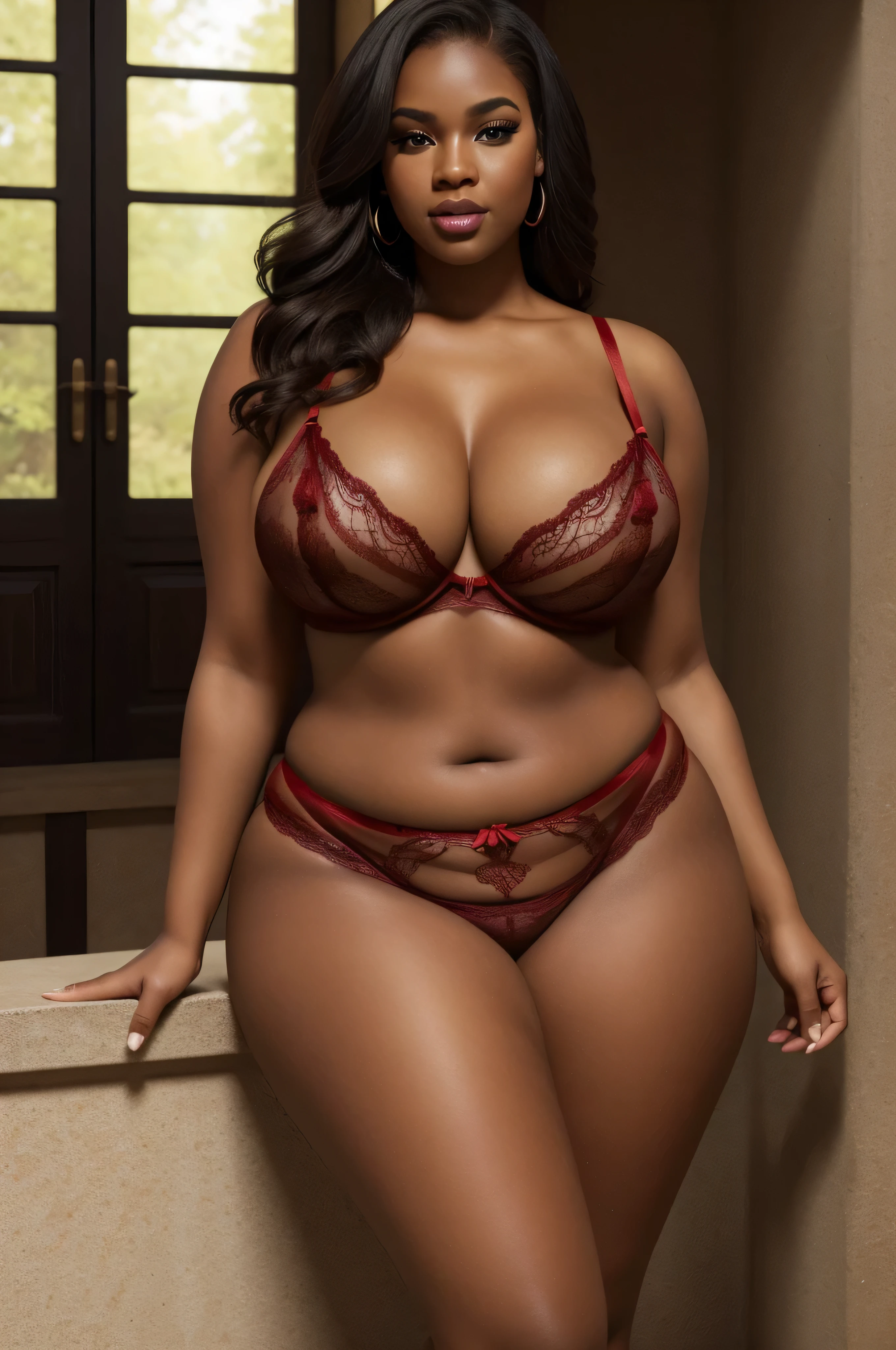 curvy plus size bbw black woman, full body photo, extremely curvy body, (((using red lingerie))), beautiful detailed eyes, beautiful detailed lips, extremely detailed eyes and face, long eyelashes, realistic, photorealistic, photo-realistic:1.37, 8k, ultra-detailed, masterpiece:1.2, vibrant colors, warm lighting, natural environment, lush, detailed background, realistic skin texture