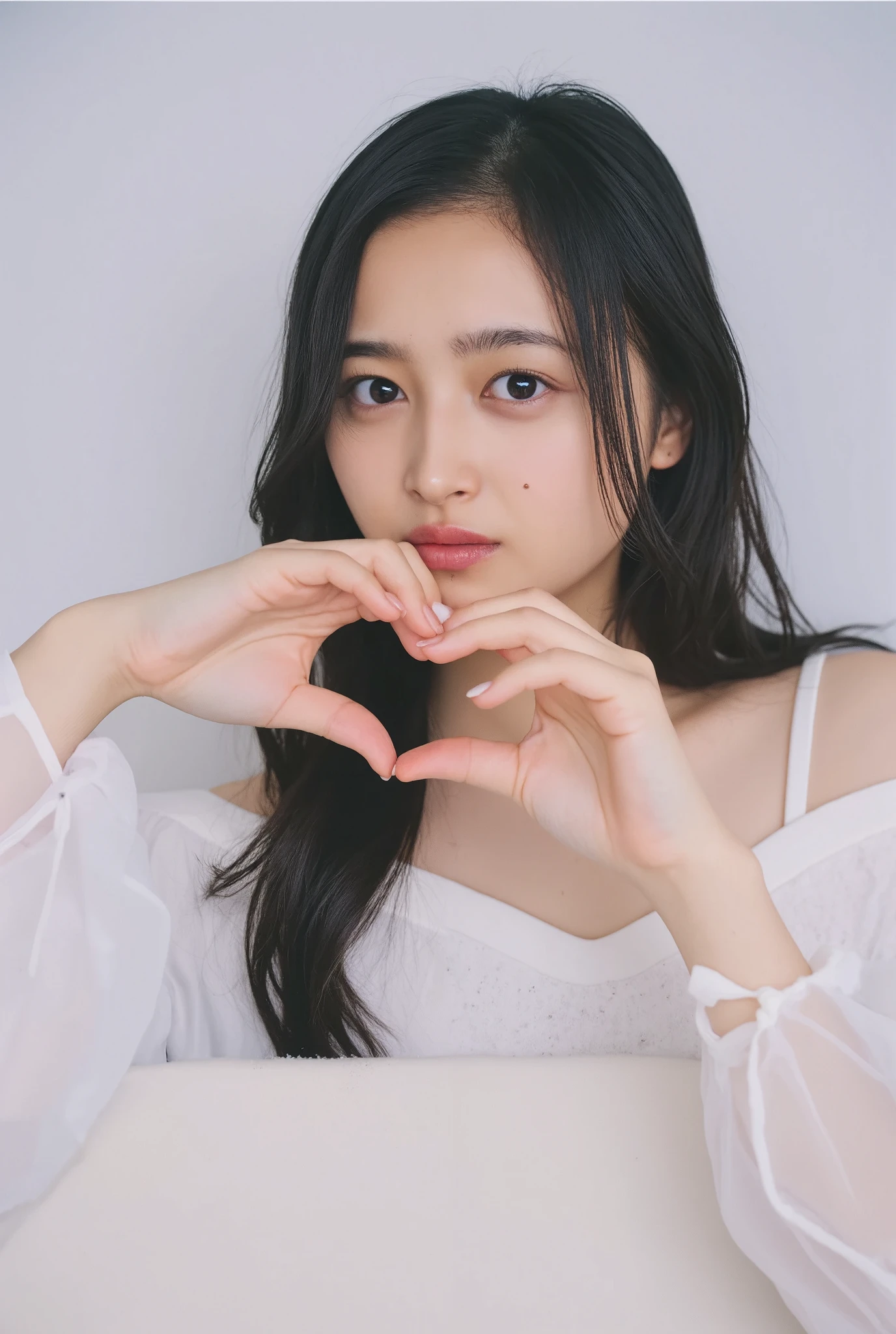 Only one woman with a cute smile wears cute, fluffy off-shoulder pajamas, makes a big heart shape with both hands, and poses them in front of her chest, View above collarbone、The background is a monotone 

