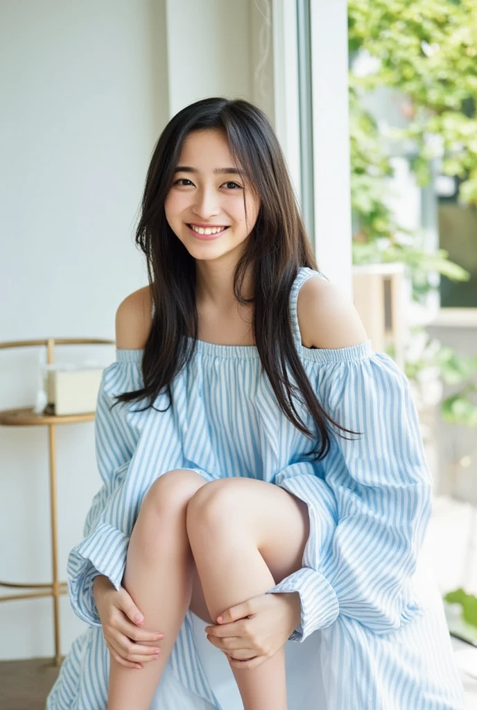 Full body shot from the front、Wear off-the-shoulder mini one-piece pajamas, bend your knees, spread your legs, take a cross-legged pose, and sit while looking at me, Slender bare legs 、smile、The background is a monotone 

