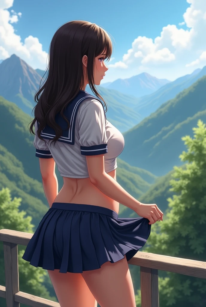 very cute and beautiful girl,(highly detailed beautiful face and eyes:1.2),
smile,black hair,sailor school uniform,(navy blue pleated mini skirt),cowboy shot,(from below),
looking back,from behind,leaning forward,white panties,dynamic angle,
countryside,wooden fence,hilltop,grassland,
(best quality,masterpiece:1.2),intricate details,extremely detailed,highres,solo,
cinematic lighting,