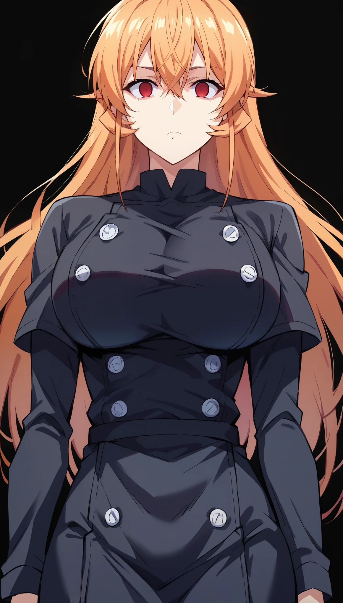 score_9, score_8_up, score_7_up, score_6_up, score_5_up, score_4_up, BREAK source_anime,1girl,erina nakiri, long hair, orange hair, hair between eyes,(Red eyes), glowing eyes,Huge breasts,((empty eyes)),Expressionless,(stand up), ((Black latex chef uniform)), cowboy shot, black background, simple background,