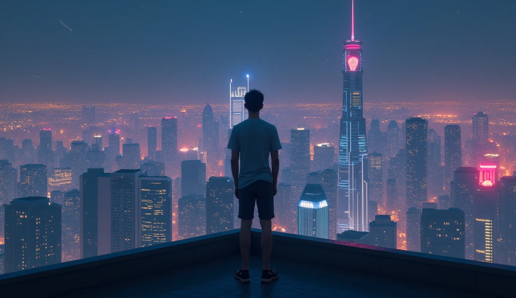 "A young man standing at night on a rooftop overlooking a glowing ...