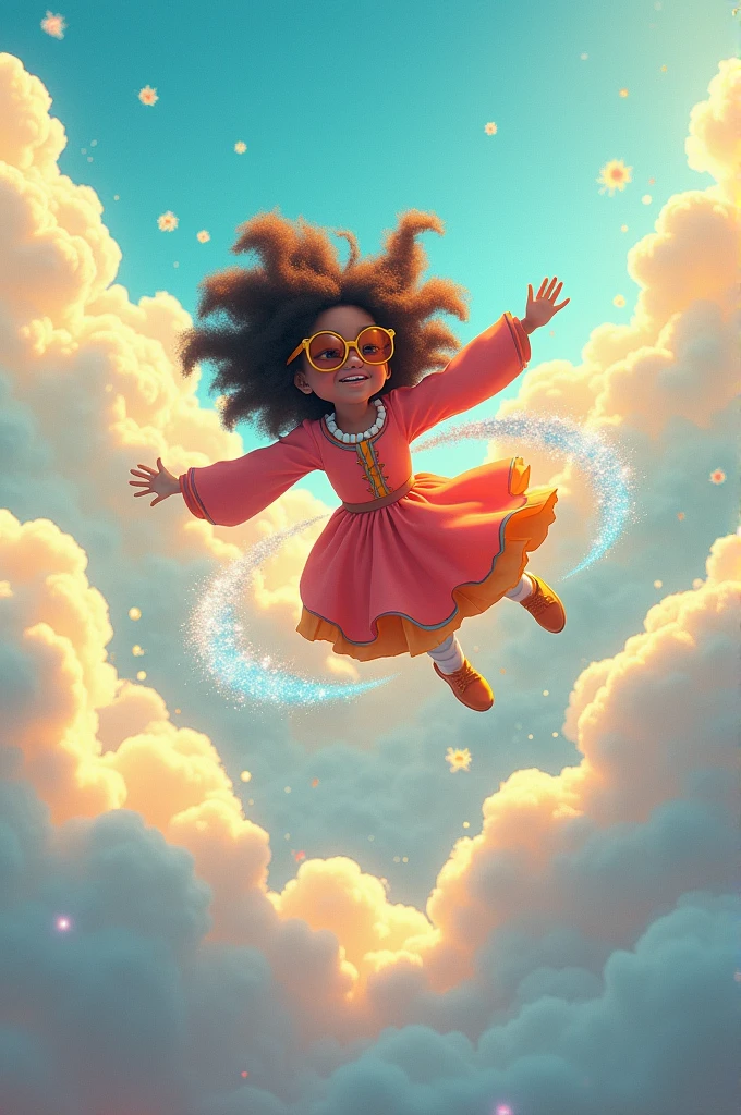 POV shot of black happy dressed in flower designed clothes, flying into the arms of the viewer, viewer stretching their dark skinned hands to receive black baby a garden of blue and violet roses, bright and vibrant blue sky, animation style in form of makoto shinkai, 32k, ultra HD, unreal engine rendered,
