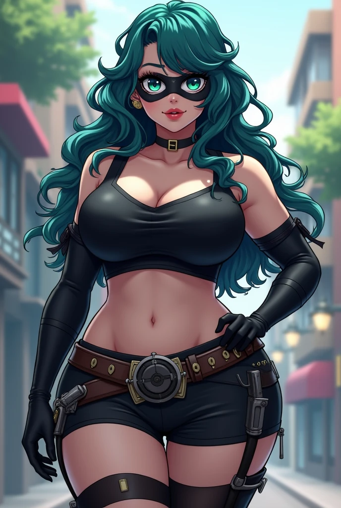 One Piece female character, adult, white, long black hair, wears round glasses, Rock style