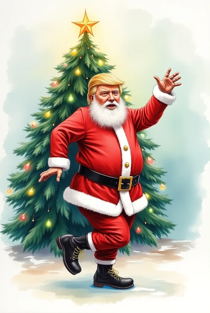 Highly detailed, Impressionistic style painting, the distinct form of a jubilant Donald Trump donning Santa's attire with a generous white beard, wearing vibrant red gloves, holding aloft a Christmas present, his posture frontal and captivating, North Pole dramatically reconstructed in the backdrop, artfully captured in 8k, ultra-realistic, detailed to the maximum accuracy.