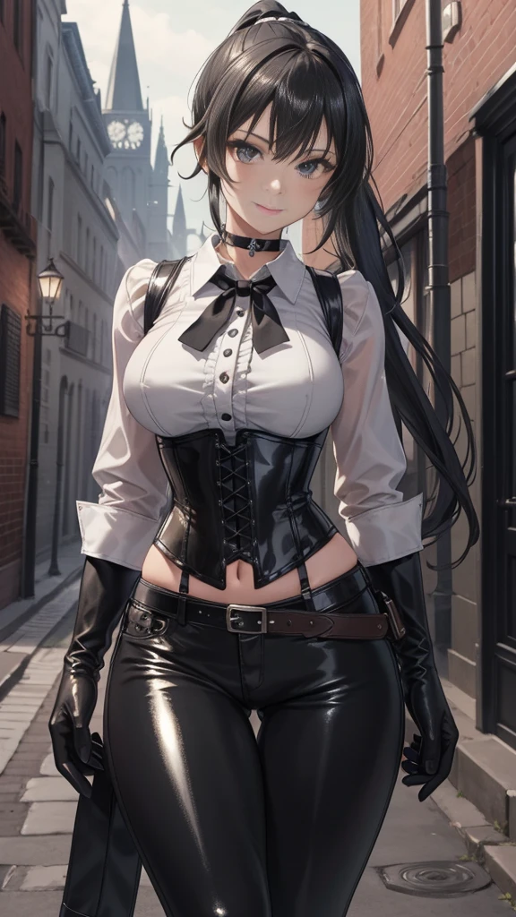  masterpiece ,  the best quality, high resolution,  beautiful detailed eyes , extremely detailed face, Detailed CG, 1 girl; standing,  big breasts shirt,  view from the front,  tender expression , draw smile,  black hair short ponytail, brown eyes, He wears black headphones , choker:1.6, (( white buttoned shirt )), (black leather corset), ( black gloves), ( shiny black leather pants), Gothic alley ,  city gothic style background, night, fog