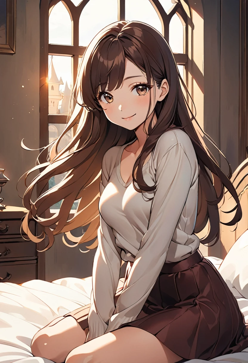 female, 40s,  long hair in the castle, Dark brown hair,  Tight knit that accentuates the chest , Silk skirt, Delicate Face,  Slightly smiling expression ,  Bed pose , Cozy interior ,  Soft sunlight coming in from the window,  anime style , illustration feeling